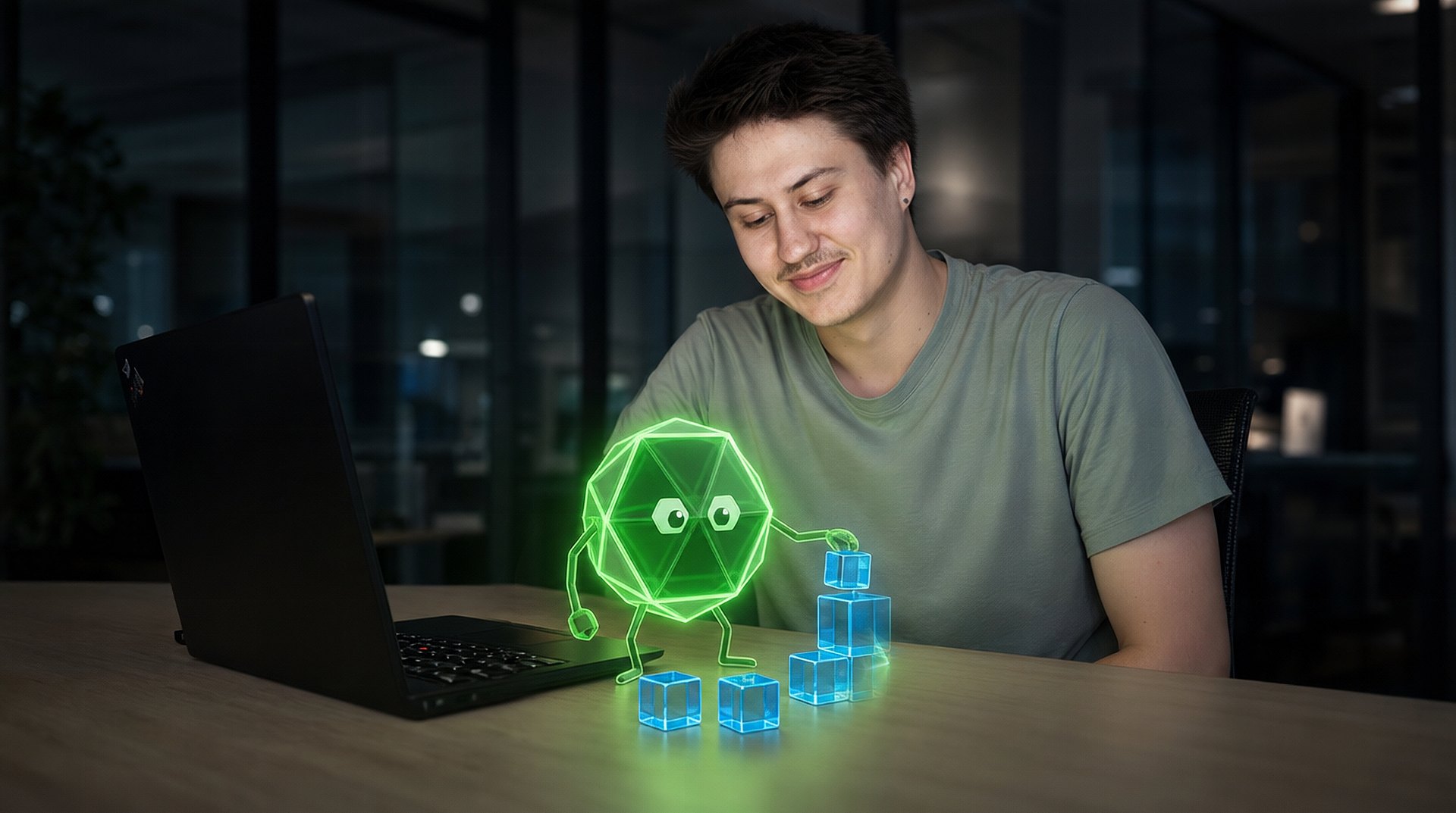 Am Laptop entsteht Tessa, dein Assistent — gebaut aus leuchtenden Bausteinen